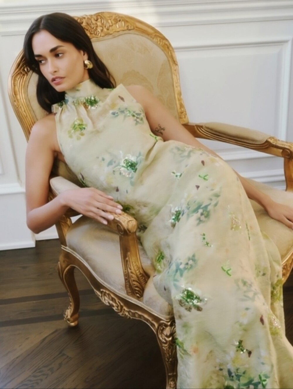 Few Moda O.P.T. High-Neck Floral Maxi Dress in Soft Green With Floral Beading